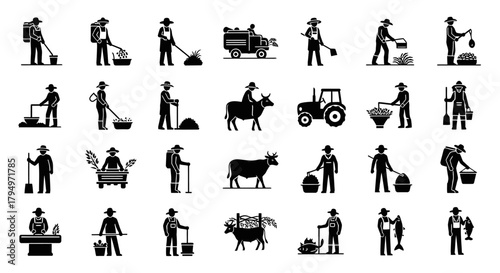 Black and white illustrations depicting farmers engaged in various agricultural activities, including plowing, planting, harvesting, and transporting goods.