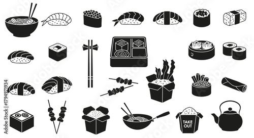 Monochrome illustration of various Asian food items including sushi, noodles, dumplings, and takeaway containers.