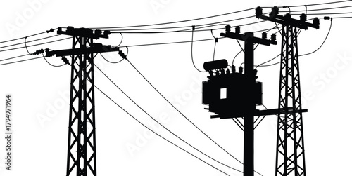 Silhouette vector illustration of electrical transformers and utility poles—power grid infrastructure, voltage system, energy distribution network layout for engineering and planning