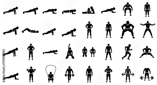 Silhouetted figures demonstrating various exercises and fitness activities in a sequence.
