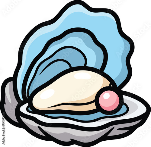 Oyster Shell Opened Revealing a Creamy Pearl with a Pink Hue on a Blue Interior Background Detailed Outline