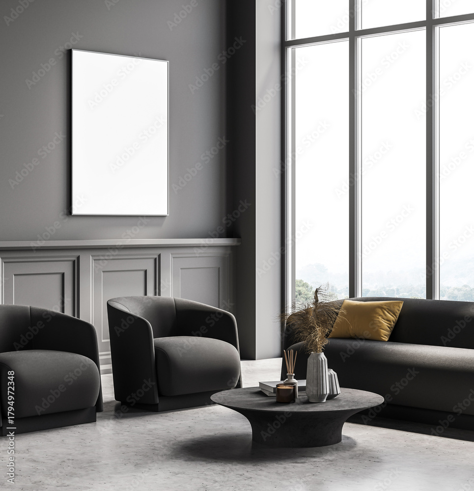 Naklejka premium Corner interior of the room with blank poster on dark grey wall