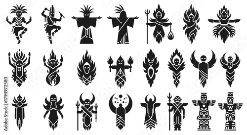 Collection of various silhouette figures depicting mythical beings, deities, or tribal characters in different poses and styles.