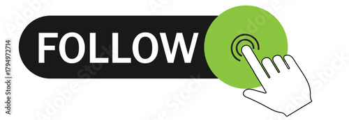 Green follow button with hand cursor the design features a black button with the word follow in white letters, accompanied by a hand cursor clicking