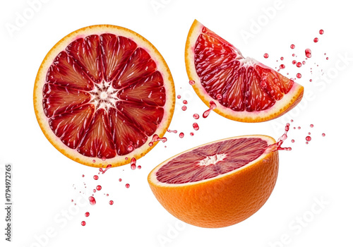 Sliced blood oranges with juice splashes and droplets in motion isolated on a transparent background