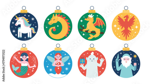 Magical Ornament Collection: Captivating designs of mythical creatures and enchanting figures adorn festive ornaments, exuding a sense of wonder and childlike fascination. 