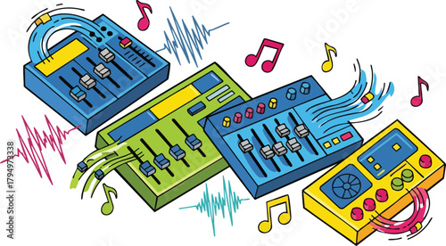 Sound Mixer Faders With Musical Notes And Sound Waves Illustration On White Background