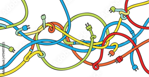Abstract Pattern of Tangled Colorful Electrical Cords and Plugs on White Background
