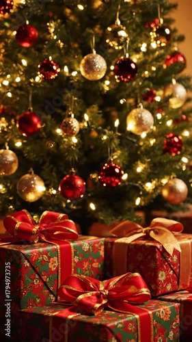Sparkling christmas tree and gifts, festive season, christmas spirit delight
