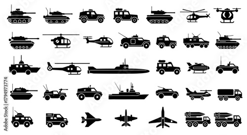 Collection of various military vehicles and aircraft silhouettes in black and white.