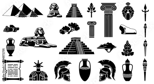 Collection of ancient architectural and historical icons rendered in black and white.