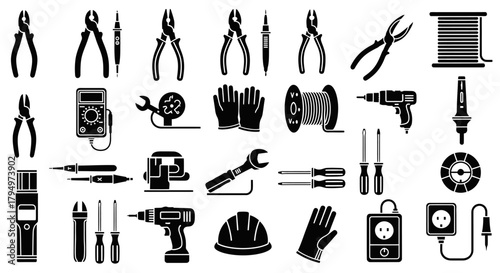A collection of electrical tools and equipment, including pliers, screwdrivers, multimeter, and safety gear, arranged in rows.