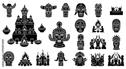 A collection of stylized, black and white illustrations of tribal masks, altars, and figures, possibly for cultural or religious purposes.