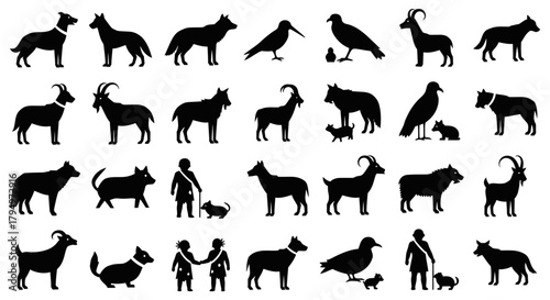 Silhouetted animals and people, including dogs, goats, birds, and children, in various poses.