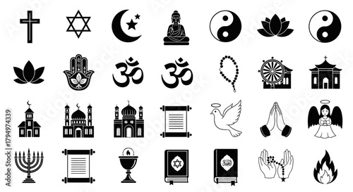Diverse religious symbols and cultural icons representing faith, spirituality, peace, and global unity for spiritual projects