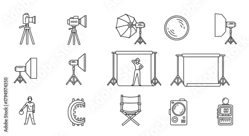 Captivating photography studio essentials set including cameras, lighting, backdrops, and director's chair for professional shoots.