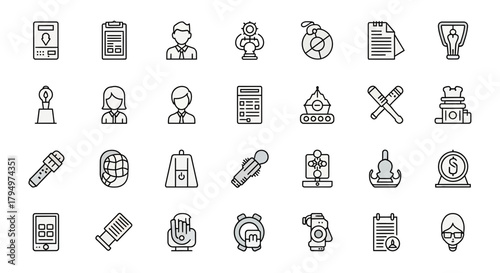 Diverse business icons representing awards, documents, people, and success in a modern, professional collection