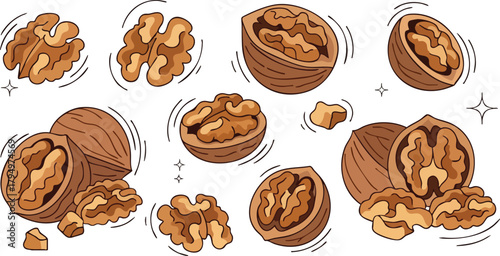Pixel Art Walnuts In Shell And Shelled Arranged On White Background With Cute Sparkle Accents