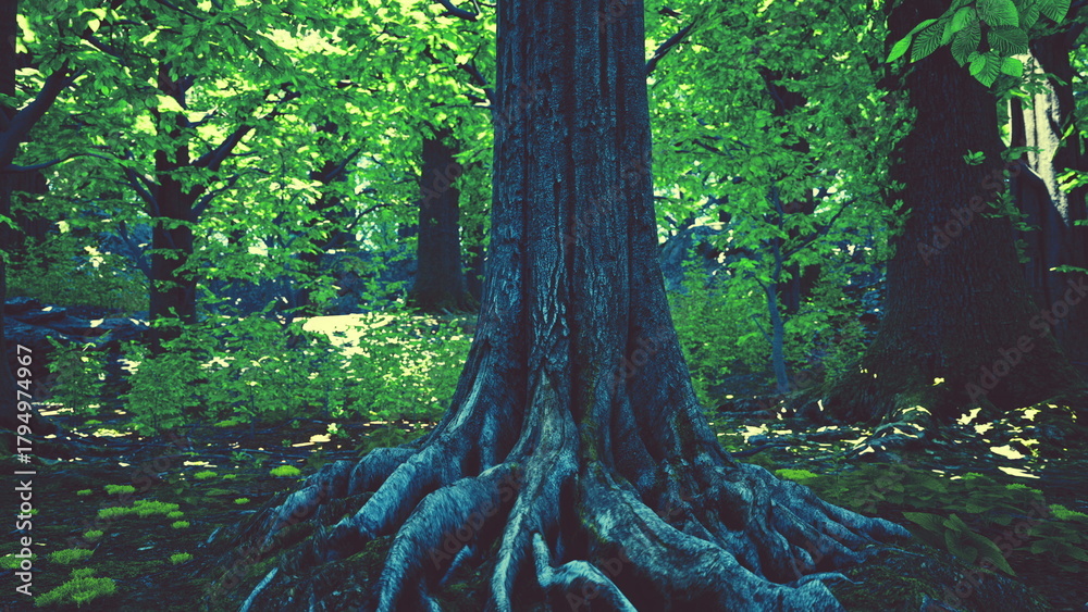 Fototapeta premium A large tree stands tall in the forest surrounded by lush green leaves. Its thick roots spread wide across the ground, blending with the emerald foliage. Sunlight filters through the trees.