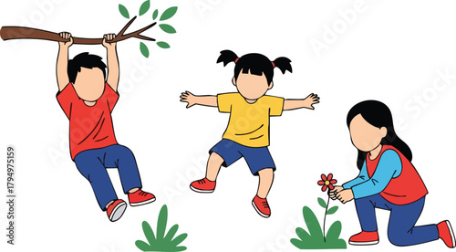 Children Playing Outdoors Enjoying Various Activities Together Under Blue Sky