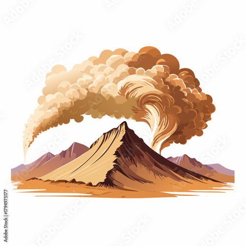 Majestic volcano erupting, spewing ash and smoke into the sky, creating a dramatic natural spectacle against a desert landscape