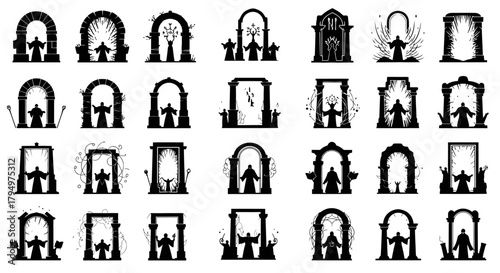 A collection of silhouette illustrations showing cloaked figures standing under various archways and portals, some decorated with plants.