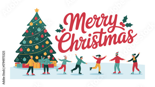 Christmas Cheer on Ice: A joyful gathering celebrates Christmas, skating and sharing festive moments around a decorated tree, embodying the spirit of winter holiday season.