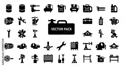 Collection of black and white vector icons depicting various tools and equipment.