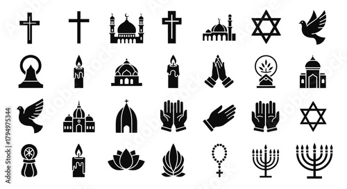 A collection of various religious symbols and icons presented in a black and white style.
