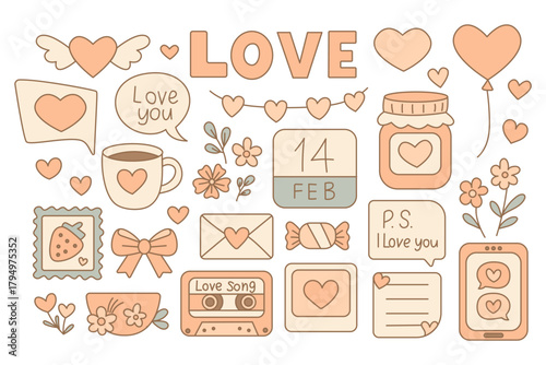 Set of valentines day stamp and cute journal vector tape and postage doodle. Ideal for planners and gifts with pastel doodles by hand or vector. Romantic clipart set for invites and journals.