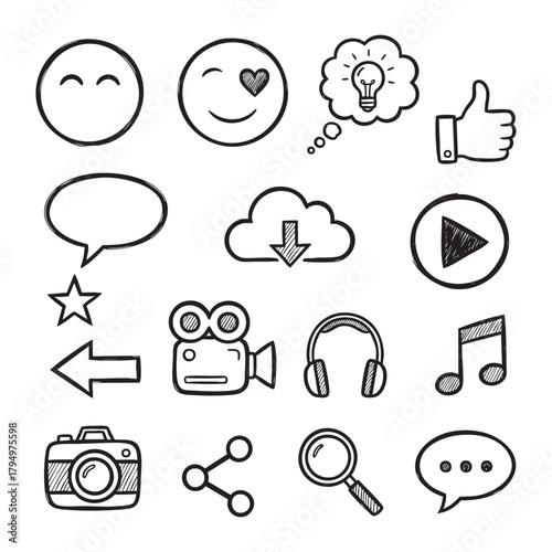 Hand Drawn Social Media Icons and Symbols Set on White Background vector illutrastion transparent background