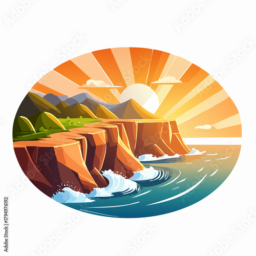 Coastal Cliff Landscape at Sunset Vector Illustration, with Waves Crashing against Rocks