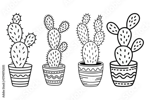 Charming collection of hand-drawn potted cactus plants, showcasing various succulent designs in decorative containers, ideal for botanical illustrations and desert-themed projects