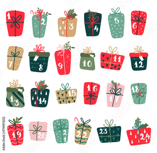 Cute hand drawn gift boxes with numbers from 1-24, adventcalender, great for online banners, prints - vector design