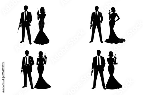 Elegant Silhouettes Spy Couple Posing with Guns, Perfect for Secret Agent Themed Projects, Icon Set for Design and Branding