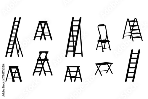 Collection of Various Step Ladders and Folding Stools for Home Improvement and Maintenance Tasks