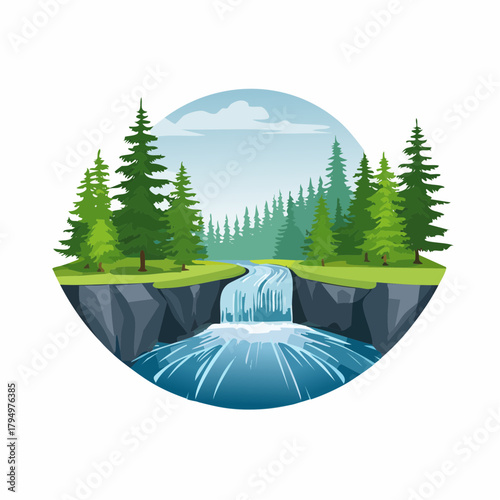Scenic Waterfall Landscape with Evergreen Trees in Circular Frame