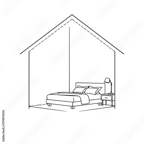 Graphic black-line illustration of a house outline with a modern interior bedroom featuring a bed in the middle of the room, a sleek lamp positioned on a bedside table to the right of the bed, against
