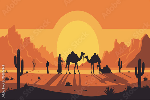Nomadic travelers with camels traverse a vast desert landscape bathed in the warm glow of a setting sun, highlighting exploration and timeless journeys