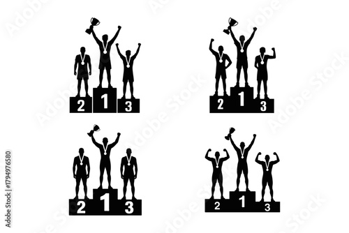 Celebration of Victory Silhouettes of Champions on a Podium with Trophies in a Top-Down View Showcasing First, Second, and Third Place Achievements