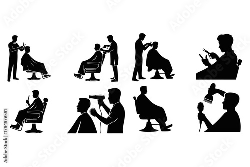 Silhouette Barbershop Set Stylish Haircuts and Grooming Services in Elegant Black and White Icons