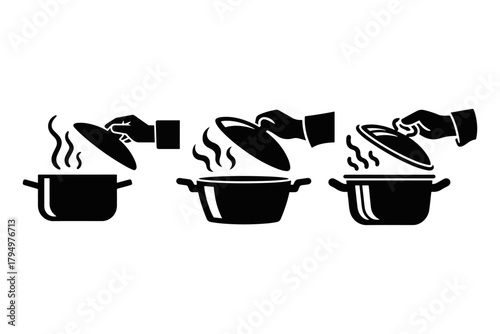 Cooking Process Icon Set Vector Illustrations of Hands Lifting Lids from Steaming Pots, Representing Food Preparation Stages