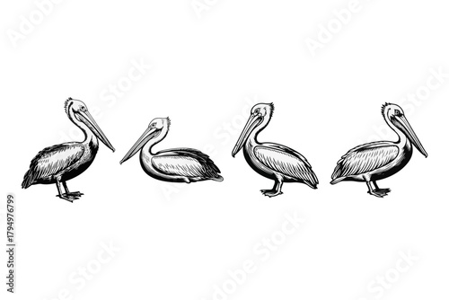 Classic hand-drawn pelican illustrations in a detailed black and white sketch style, showcasing the unique beauty and serene postures of these iconic seabirds, ideal for wildlife art