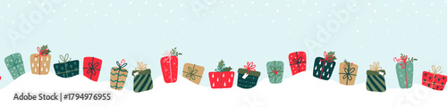 Cute hand drawn christmas seamless pattern, colorful giftboxes, great for wrapping papers, banners, textiles - vector design