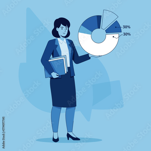 Confident businesswoman presenting pie chart with financial data in modern office, showcasing analysis and growth with professional demeanor.