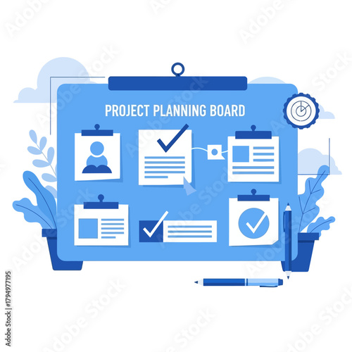Project planning board displaying tasks and progress in a modern office setting, symbolizing organization and efficiency with a clean and professional aesthetic.