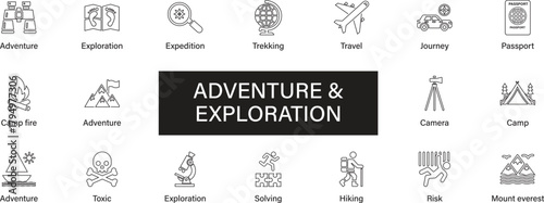 Adventure and Exploration editable line icons pack. Hiking, mountain, travel, compass, backpack, camping, trekking, expedition and more icons.