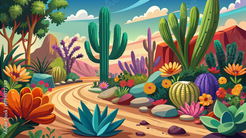 Very beautiful desert garden in bloom with colorful flowers and cacti, featuring vibrant blossoms, textured succulents, and warm sandy earth that highlights the striking contrast and natural beauty of