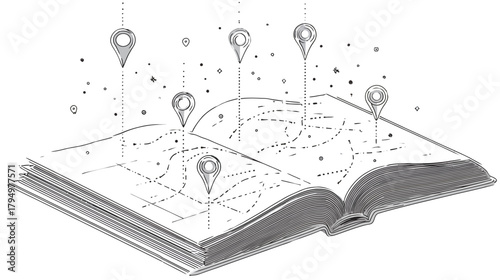 Hand-drawn open book with map routes and floating location pins, illustrating travel planning, journey navigation, and discovery concept.