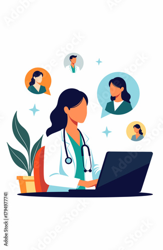 Doctor engaged in telemedicine session on laptop, modern healthcare concept, vibrant colors